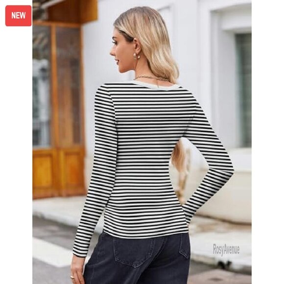 Long Sleeve Rib Knit Scoop Neck Tee Slim Fit Basic Top - Picture 6 of 8